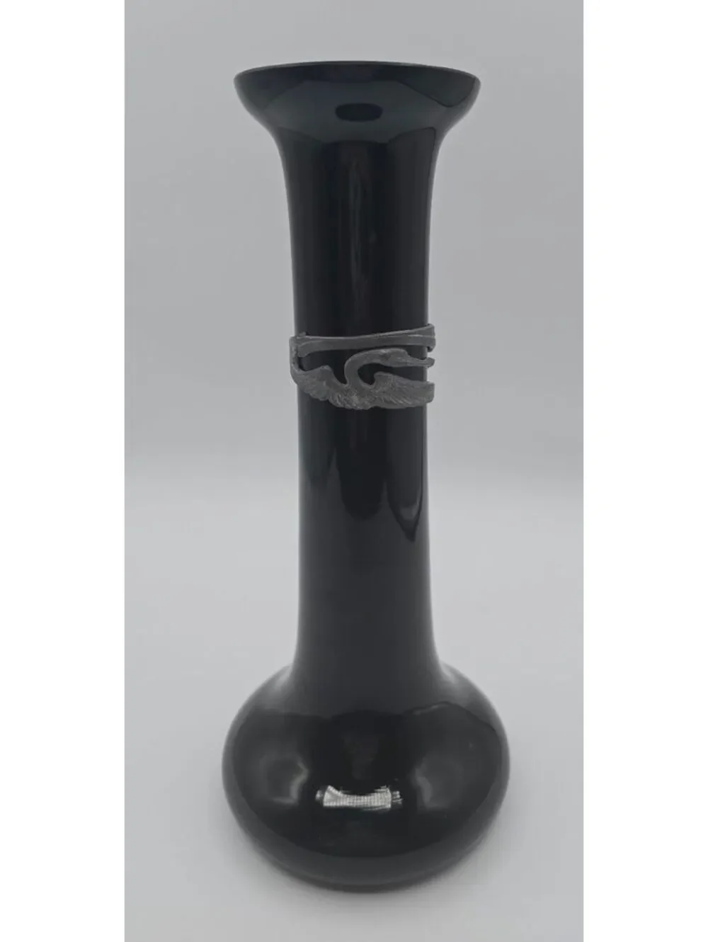 Vintage WMF Black Hyalith Glass Vase Pewter Swan Mount Germany Art Deco